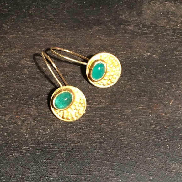 22K Gold Granulated Emerald Cabochon Drop EarrIngs - Picture 1 of 8